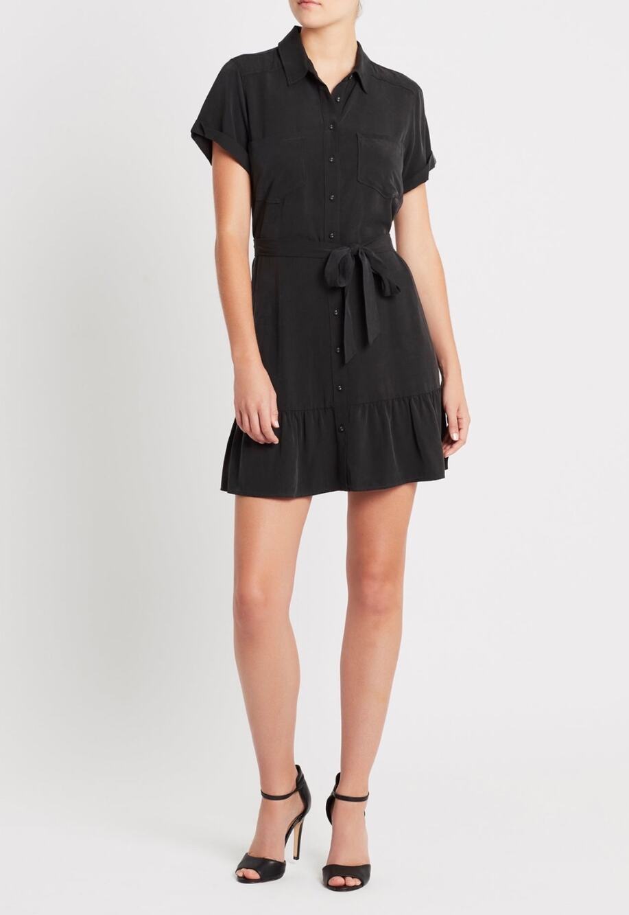 Banana Republic Black Tencel Shirt Dress Womens 4 Belted Ruffle Hem Mini